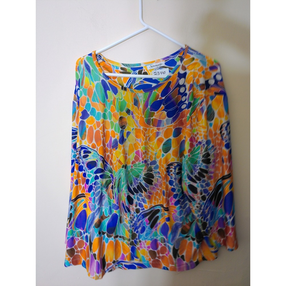 Serengeti Blouse Womens 2X Multicolor Butterfly Mosaic Long Sleeve Whimsical Art